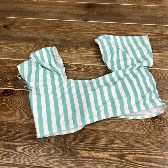 NWT Kenny Flowers The Lanai Sleeved Bikini TOP Sz Medium Light Blue Teal & White - Picture 4 of 6